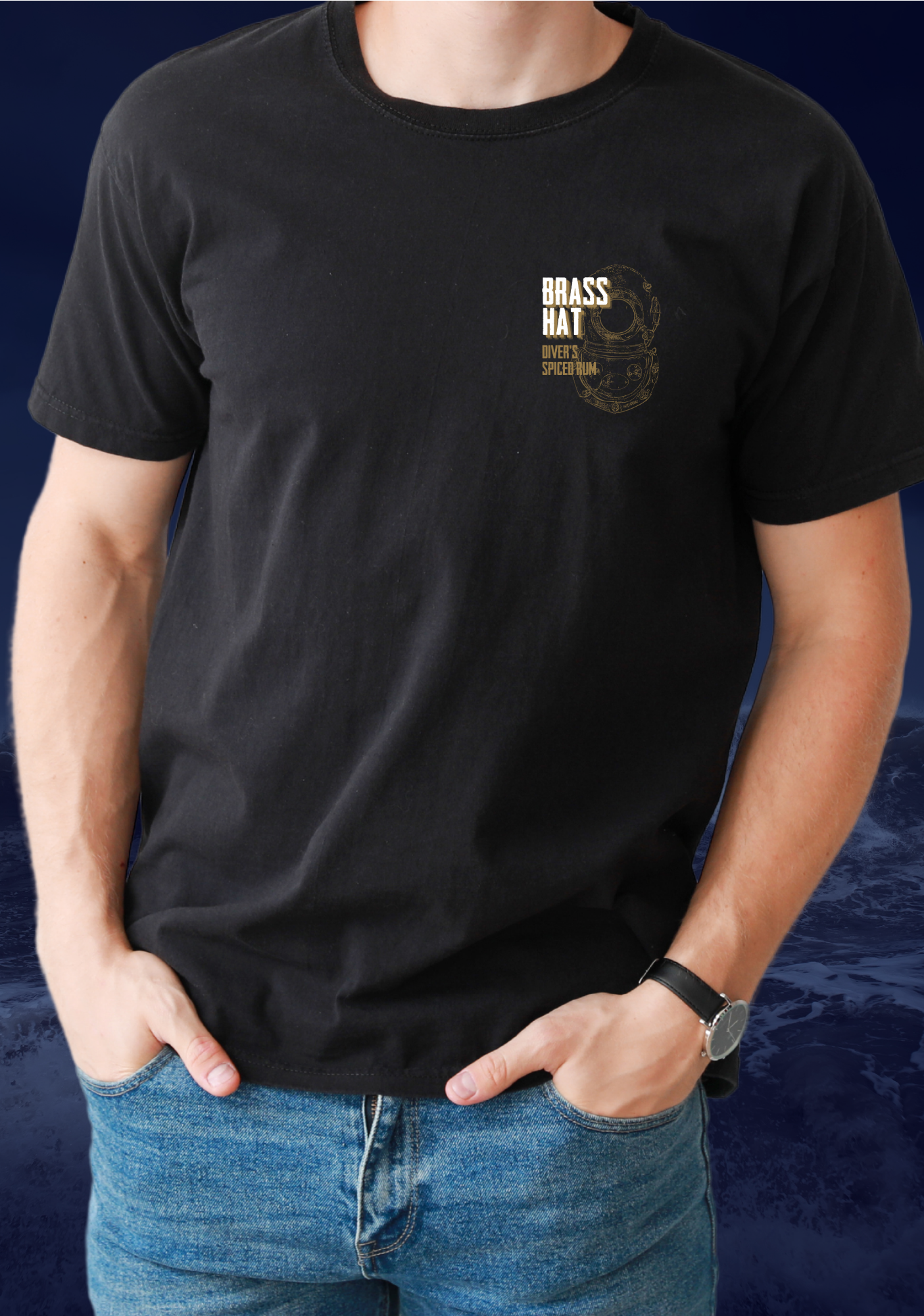 Front view of man wearing T-shirt in black with deep sea diver diving helmet logo and Brass Hat Diver's Spiced Rum name