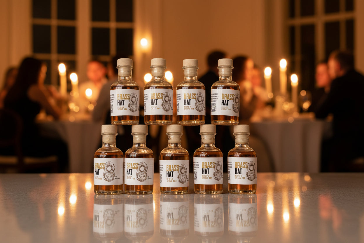 Miniature bottles of Brass Hat Diver’s Rum arranged as a stack on a table at a dinner party as guest gifts
