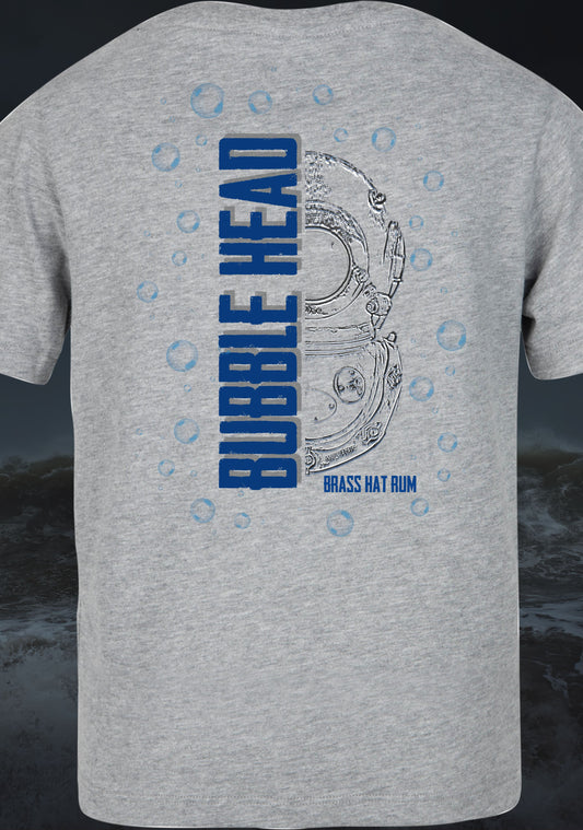 Gray t-shirt with 'Bubble Head' and 'Brass Hat Rum' design on the back including a siebe Gorman diver's helmet, against a dark stormy sea scape background.