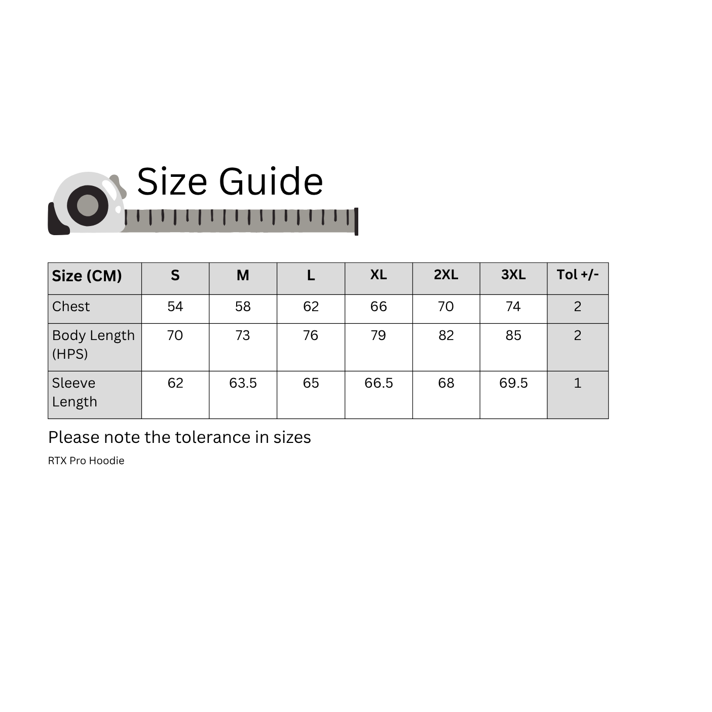 Size guide chart for Brass Hat Hoodie with measurements in centimeters