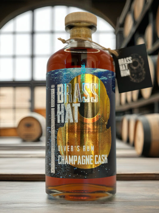 Bottle of Champagne Cask Diver's rum sat in a distillery