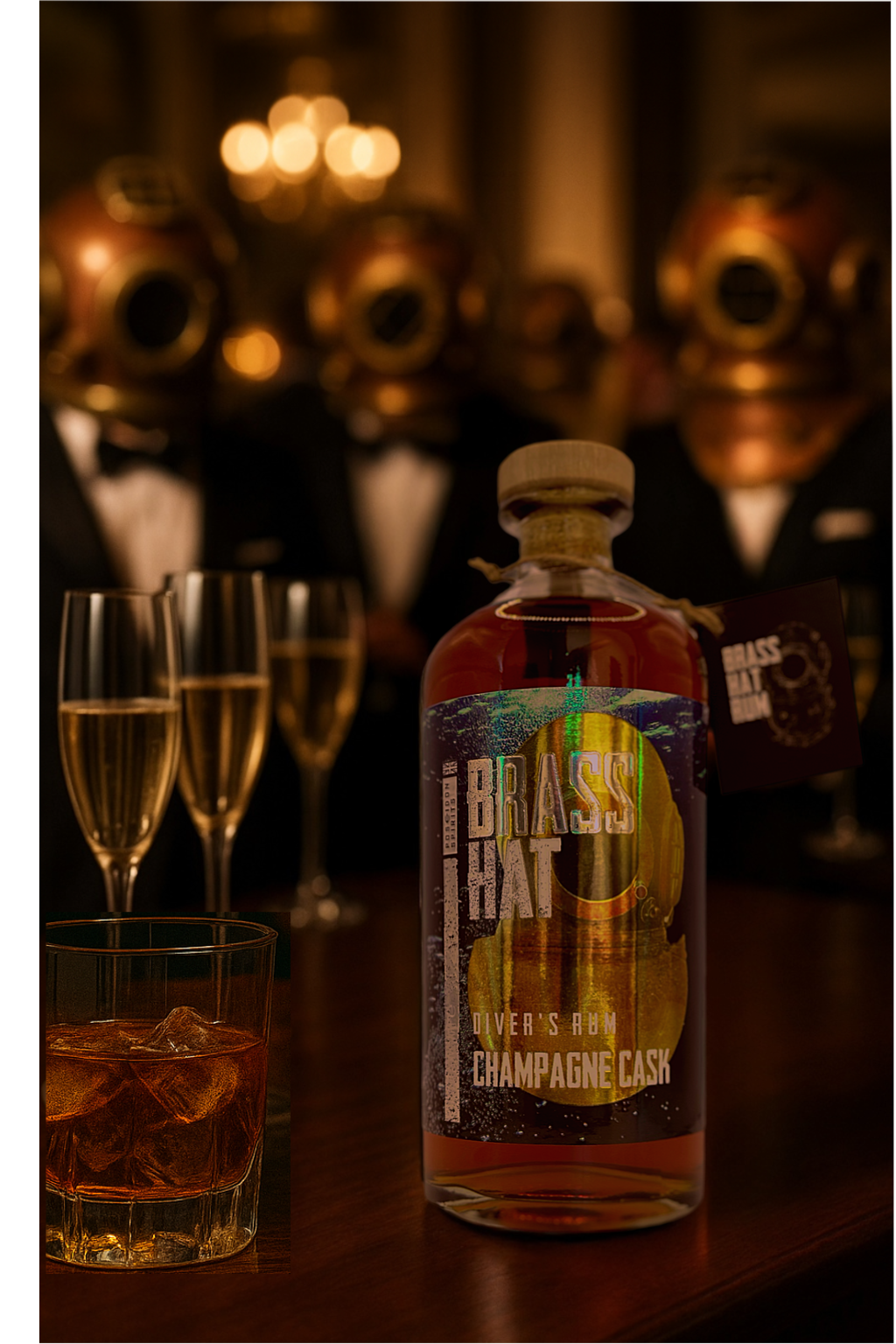 Image of a bottle of Brass Hat Champagne Rum sat on a table at a black tie dinner party. On the table with the bottle are glasses of champagne and a glass of rum over ice. Looking at the bottle are three figures dressed in Black Tie evening dress wearing old brass and copper diving helmets