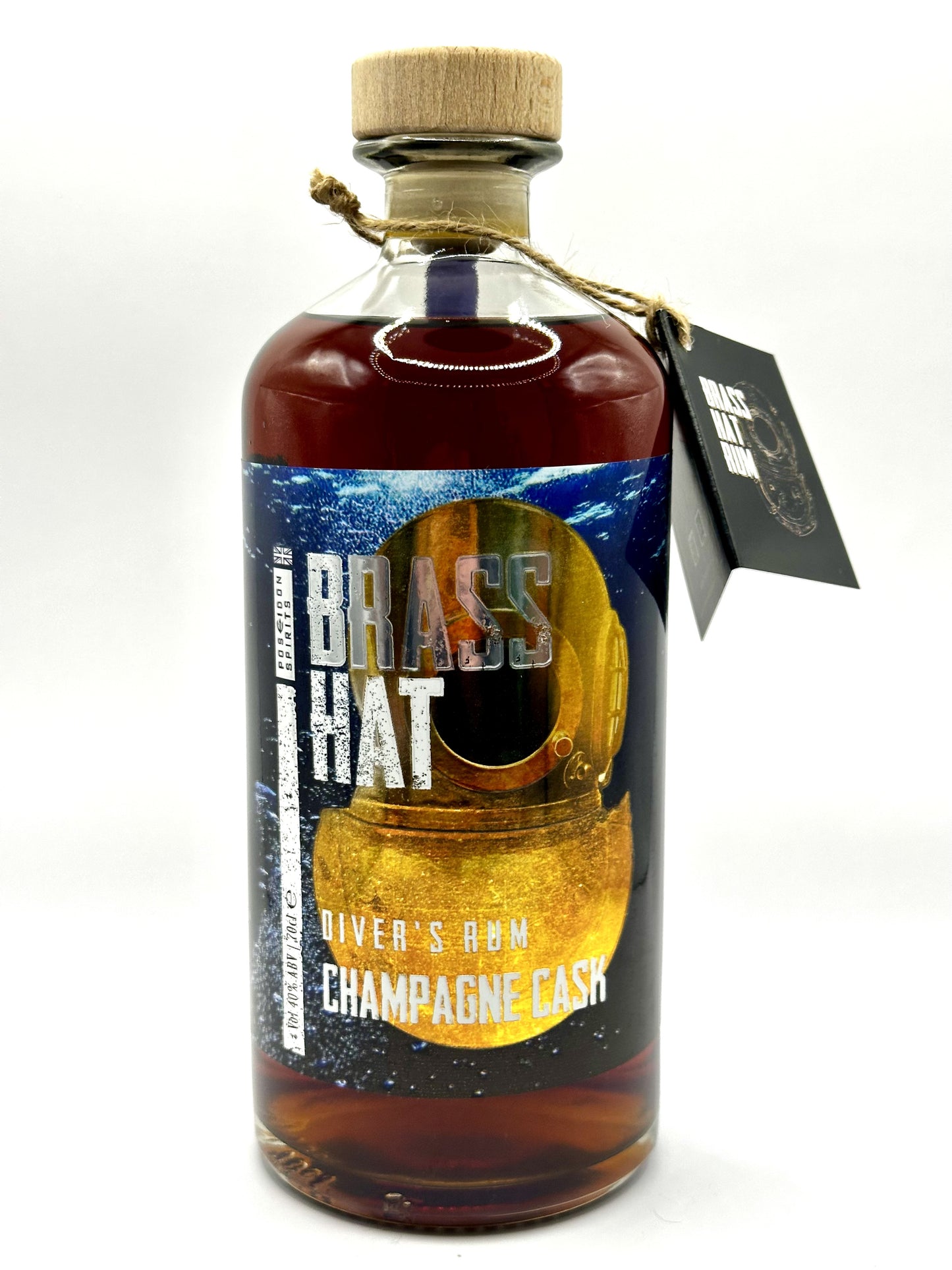 Image of Brass Hat Diver’s Champagne Cask Rum – Gold embellished Diving Helmet on blue label showcased on a bottle of golden coloured rum. Complete with collection swing tag.