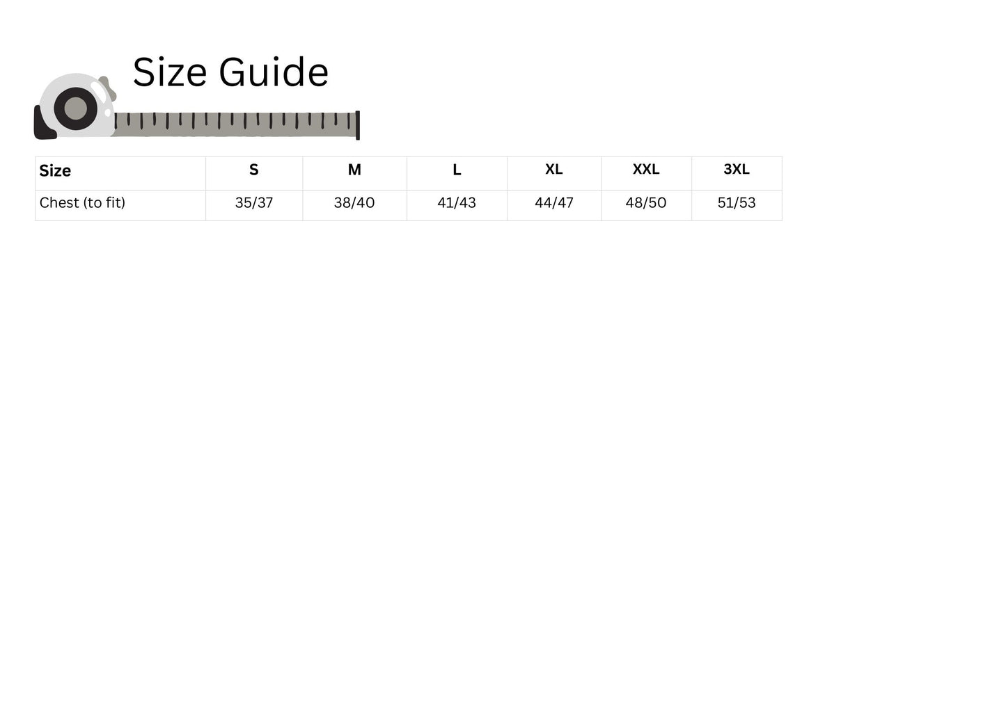 Size chart for T-shirts