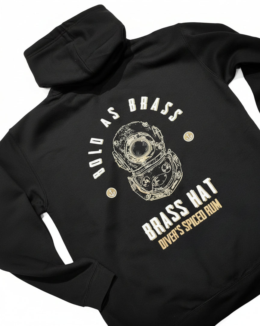 Back view of Brass Hat black hoodie with ‘Bold as Brass’ text, diving helmet logo, anchor motifs – divers’ gifts and ocean-inspired apparel. White Background