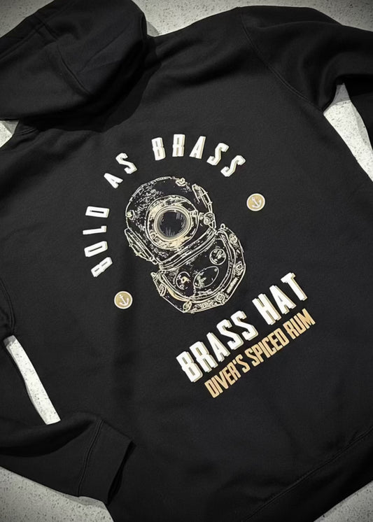 Back view of Brass Hat black hoodie with ‘Bold as Brass’ text, diving helmet logo, anchor motifs – divers’ gifts and ocean-inspired apparel