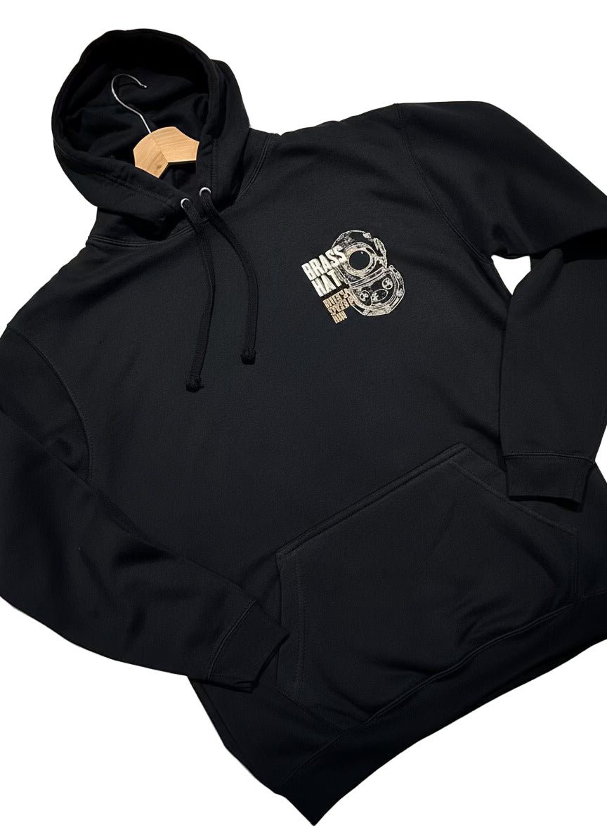 Front view of Brass Hat Diver’s Spiced Rum black ‘Bold As Brass’ hoodie. Small diving helmet logo and brand name to front left chest– divers’ gifts and ocean-inspired apparel. white background