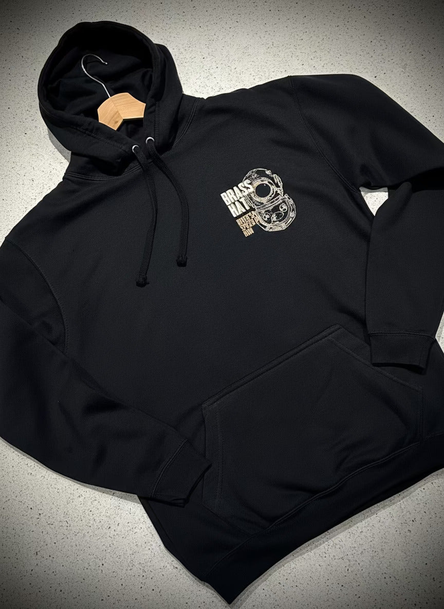 Front view of Brass Hat Diver’s Spiced Rum black ‘Bold As Brass’ hoodie. Small diving helmet logo and brand name to front left chest– divers’ gifts and ocean-inspired apparel