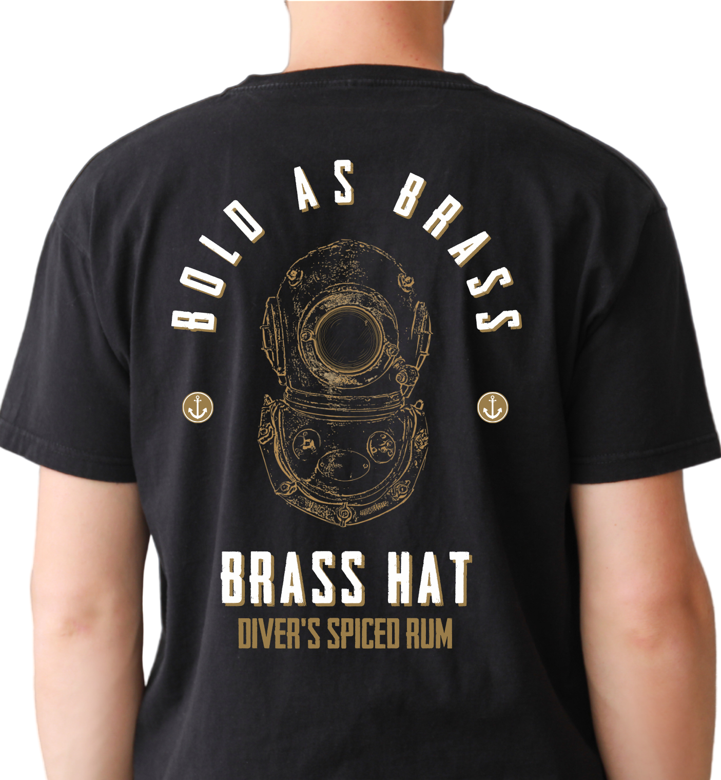Back view Brass Hat Diver’s Spiced Rum black ‘Bold As Brass’ t-shirt with deep sea diver helmet logo, anchor motifs, and brand name – divers’ gifts and ocean-inspired apparel. White Background