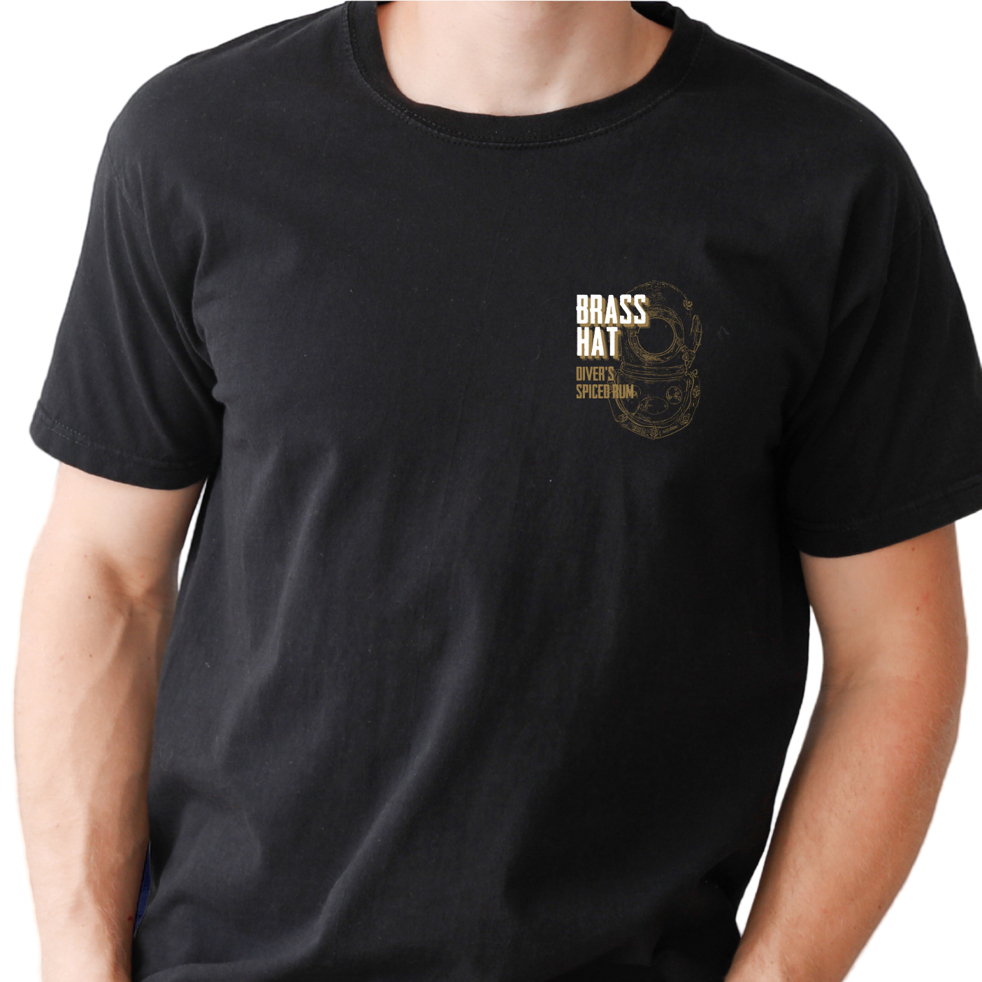 Front view Brass Hat Diver’s Spiced Rum t-shirt. Black T-shirt with deep sea diver helmet logo on left chest – divers’ gifts and ocean-inspired apparel. White background