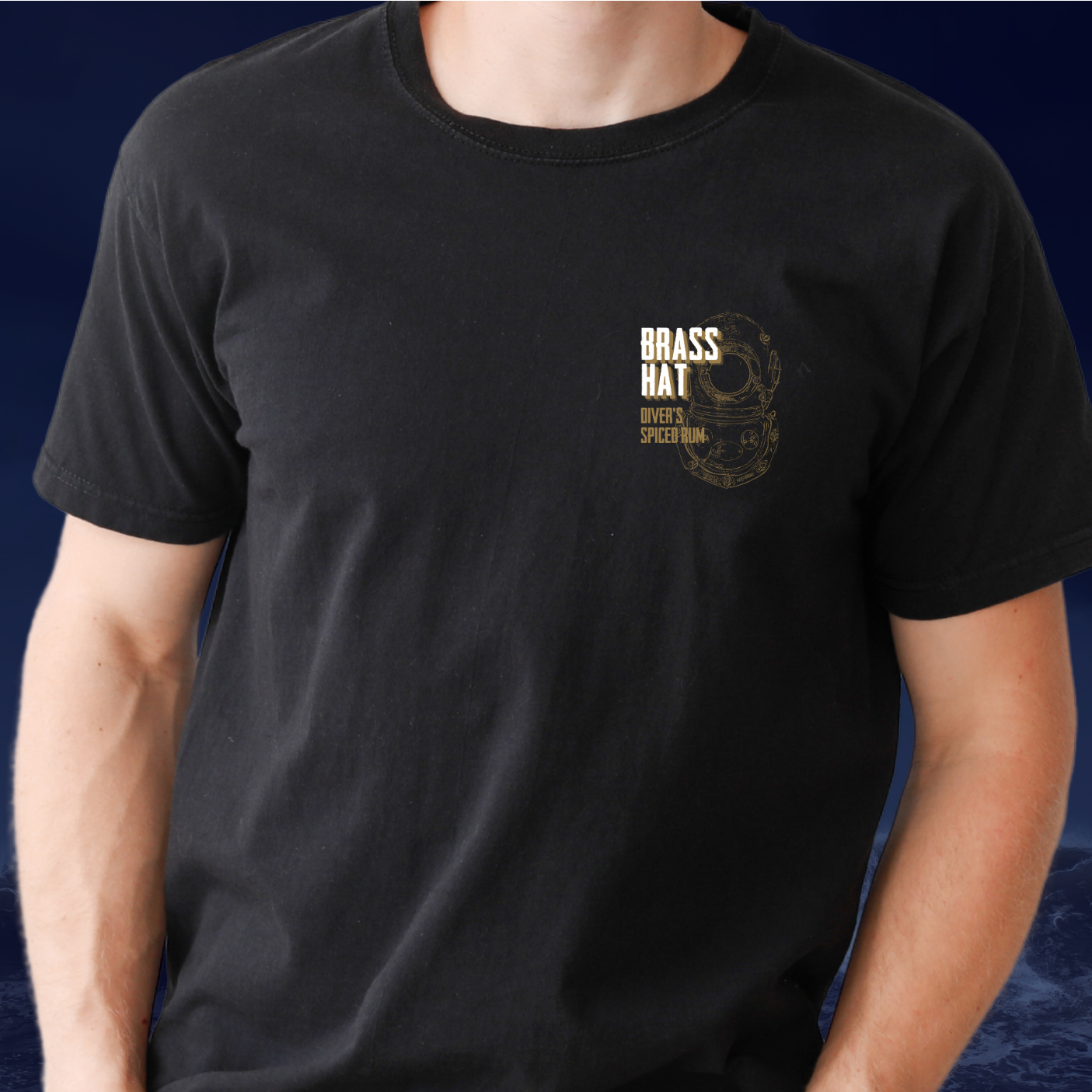 Front view of person wearing Brass Hat Diver’s Spiced Rum t-shirt. Black T-shirt with deep sea diver helmet logo on left chest – divers’ gifts and ocean-inspired apparel