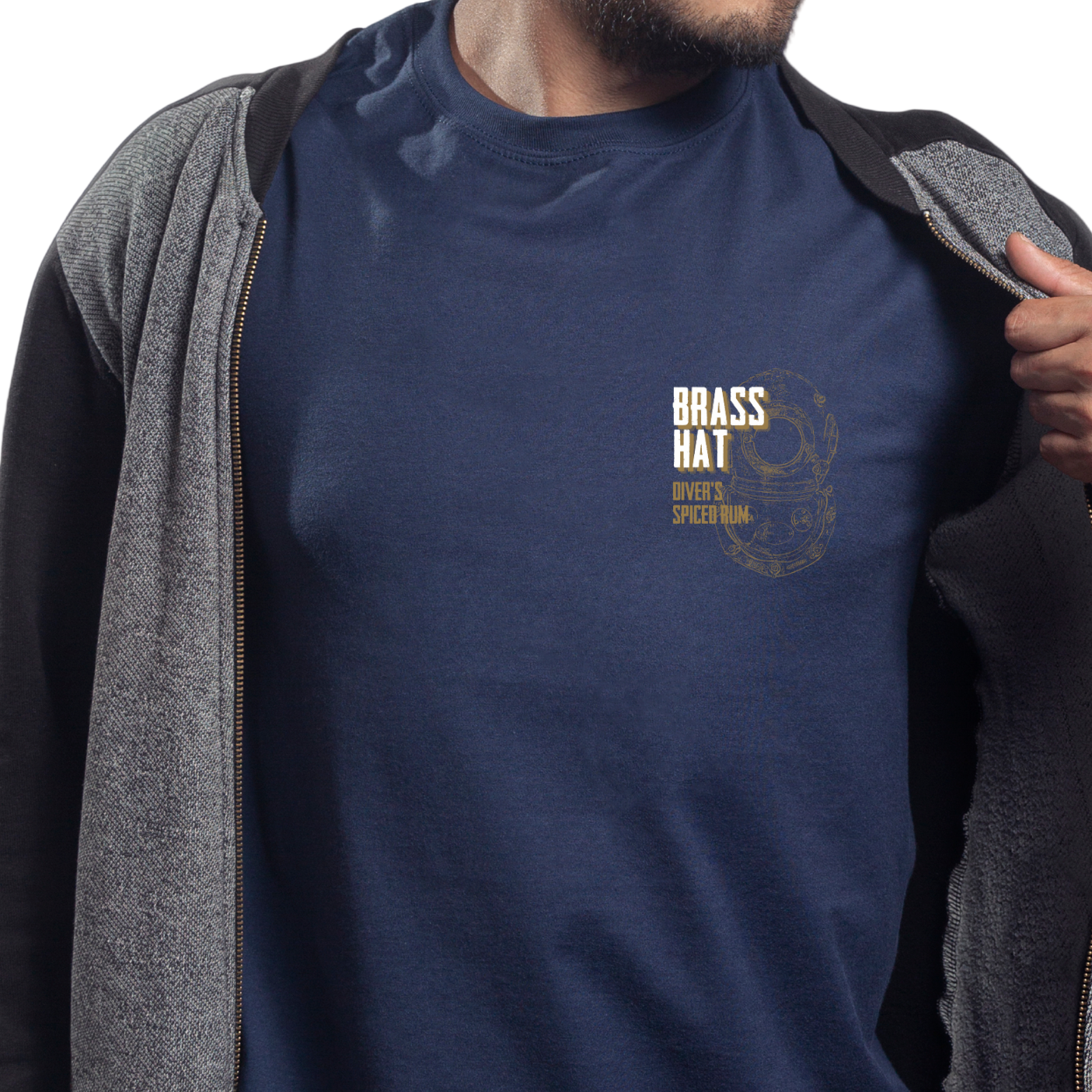 Front view Brass Hat Diver's Rum T-shirt in navy blue. Small diving helmet design Brass Hat Rum branding to left chest - divers’ gifts and ocean-inspired apparel. White Background.