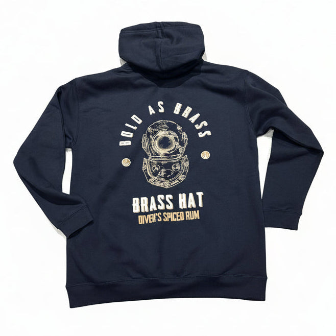 Back view of Brass Hat navy blue hoodie with ‘Bold as Brass’ text, diving helmet logo, anchor motifs – divers’ gifts and ocean-inspired apparel. White background