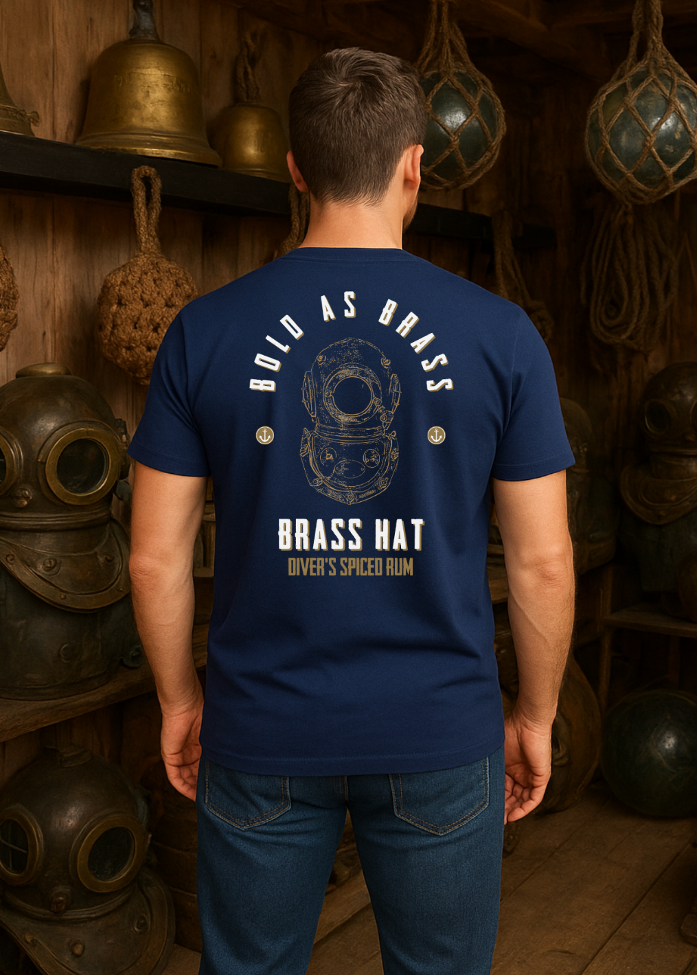 Back view of person wearing Navy Blue Bold As Brass T-shirt in a room filled with vintage diving equipment. Large diving helmet design with Bold as Brass & Brass Hat Rum branding & anchor motifs. - divers’ gifts and ocean-inspired apparel