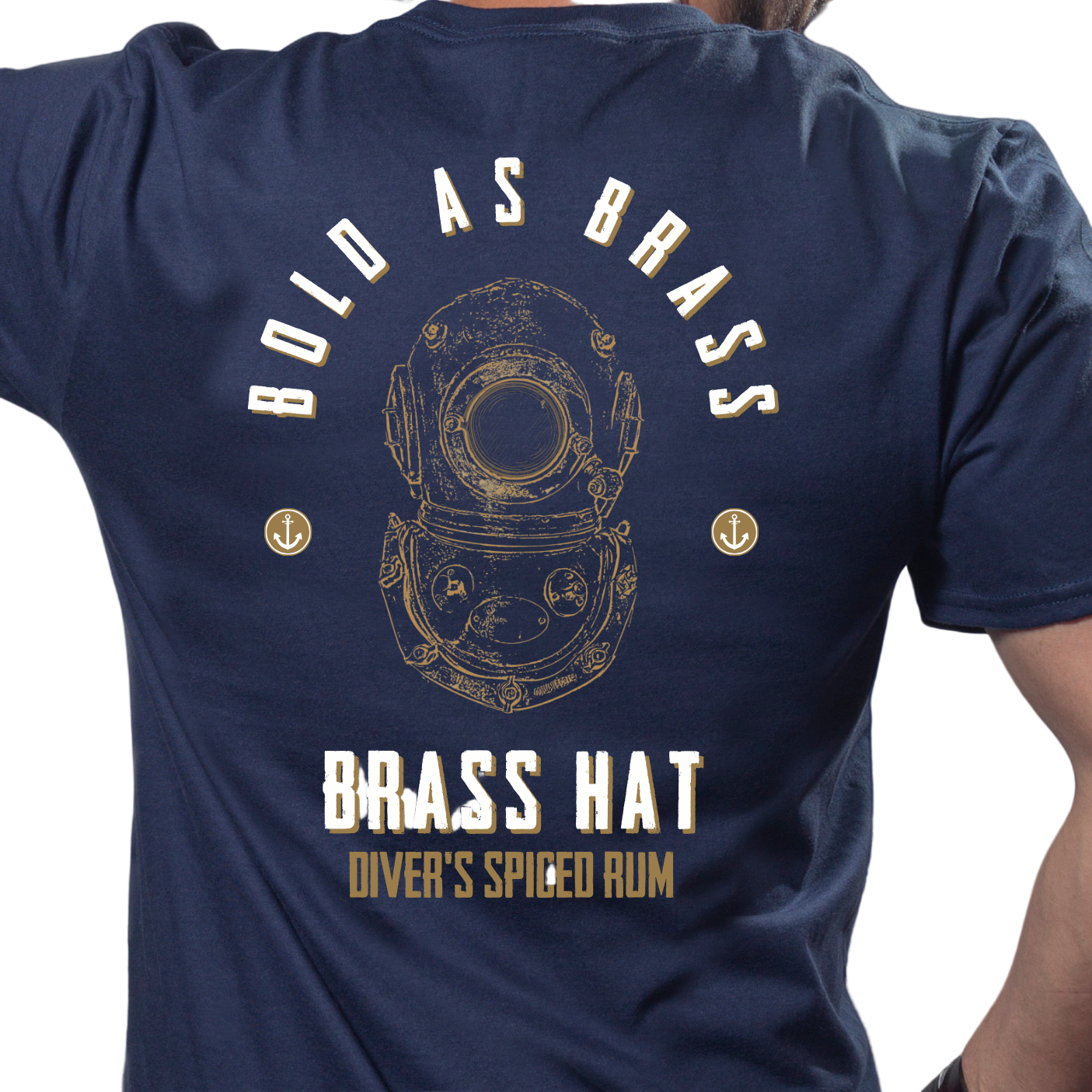 Back view of Brass Hat Diver's Rum Bold As Brass T-shirt in navy blue. Large diving helmet design with branding & anchor motifs - divers’ gifts and ocean-inspired apparel. White Background