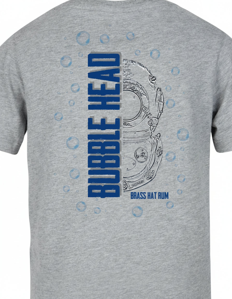 Brass Hat Rum grey coloured ‘Bubble Head’ t-shirt.  Half Siebe Gorman diver helmet design & Bubble Head branding on the back – divers’ gifts and ocean-inspired apparel. White Background