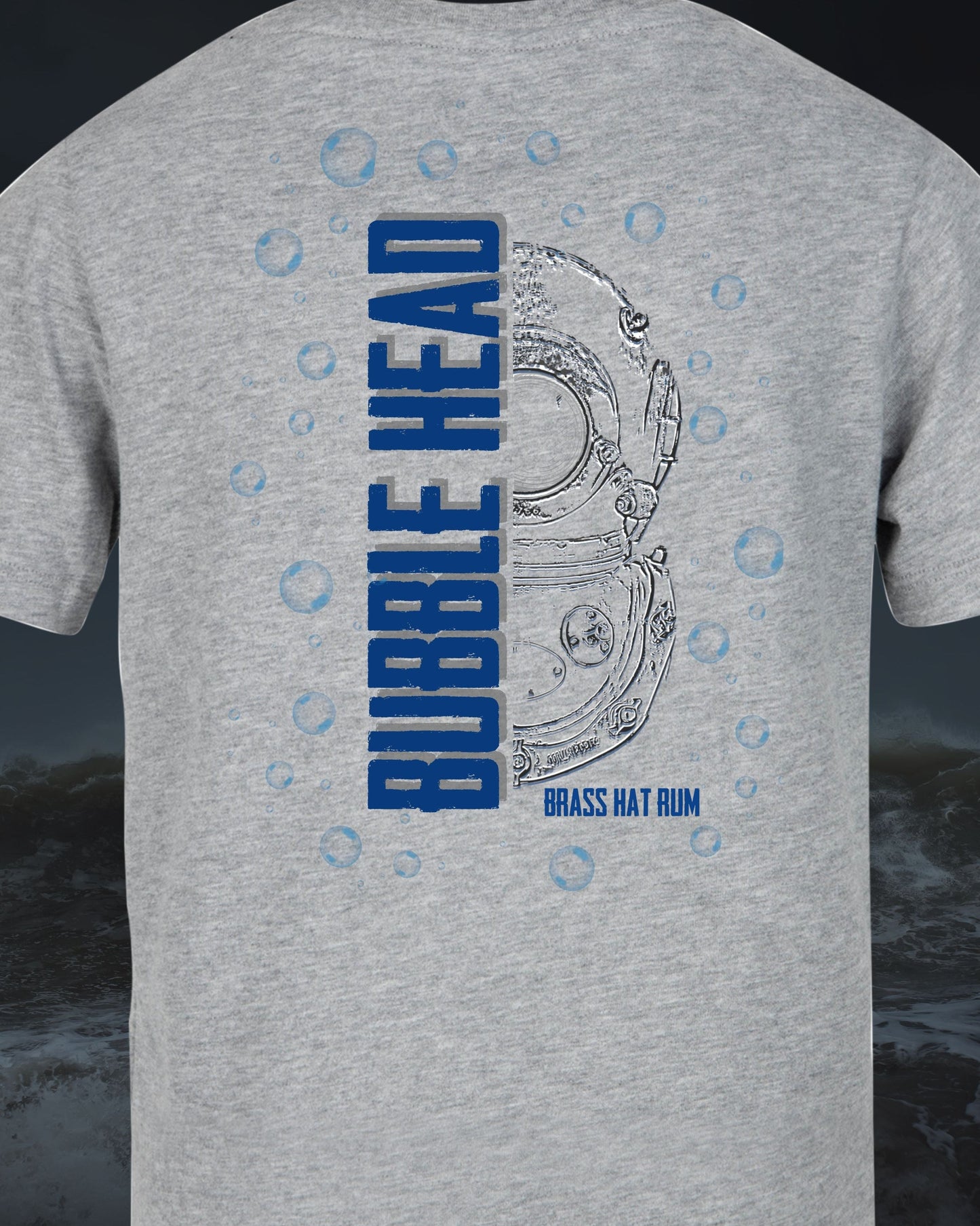 Person wearing Brass Hat Rum grey coloured ‘Bubble Head’ t-shirt.  Half Siebe Gorman diver helmet design & Bubble Head branding on the back – divers’ gifts and ocean-inspired apparel