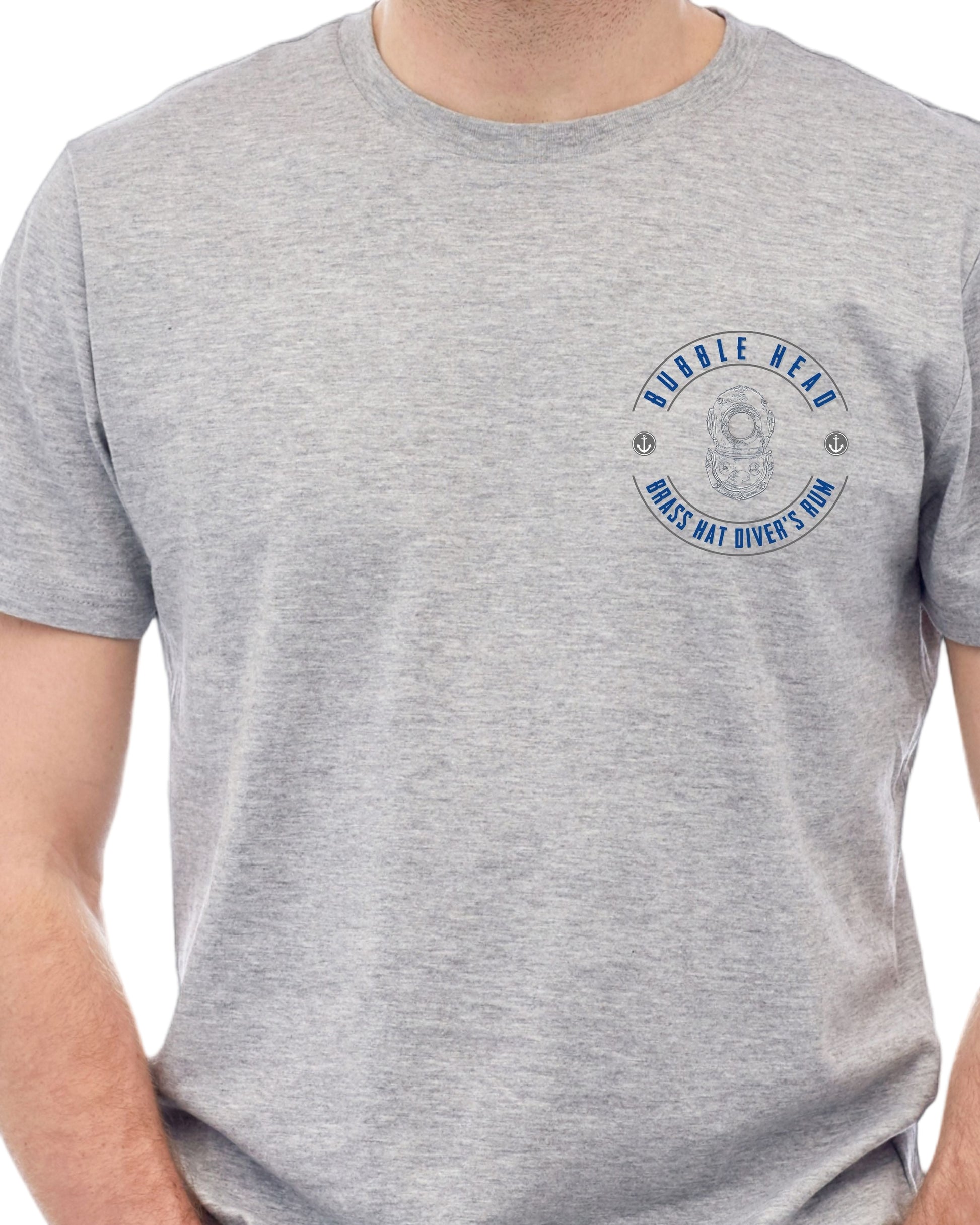 Front view of Brass Hat Diver’s Rum gray ‘Bubble Head’ t-shirt with Siebe Gorman diver helmet logo on the chest – divers’ gifts and ocean-inspired apparel. White background