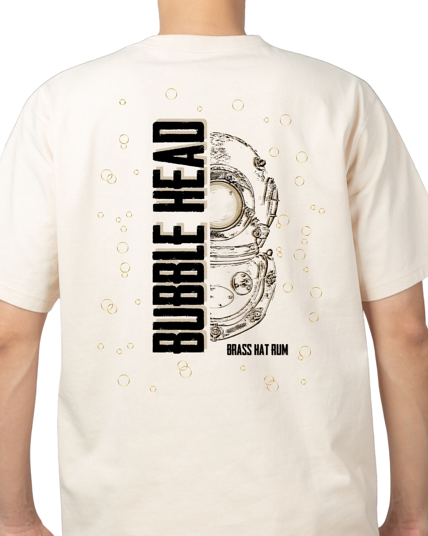 Brass Hat Rum sand coloured ‘Bubble Head’ t-shirt.  Half Siebe Gorman diver helmet design & Bubble Head branding on the back – divers’ gifts and ocean-inspired apparel. White Background