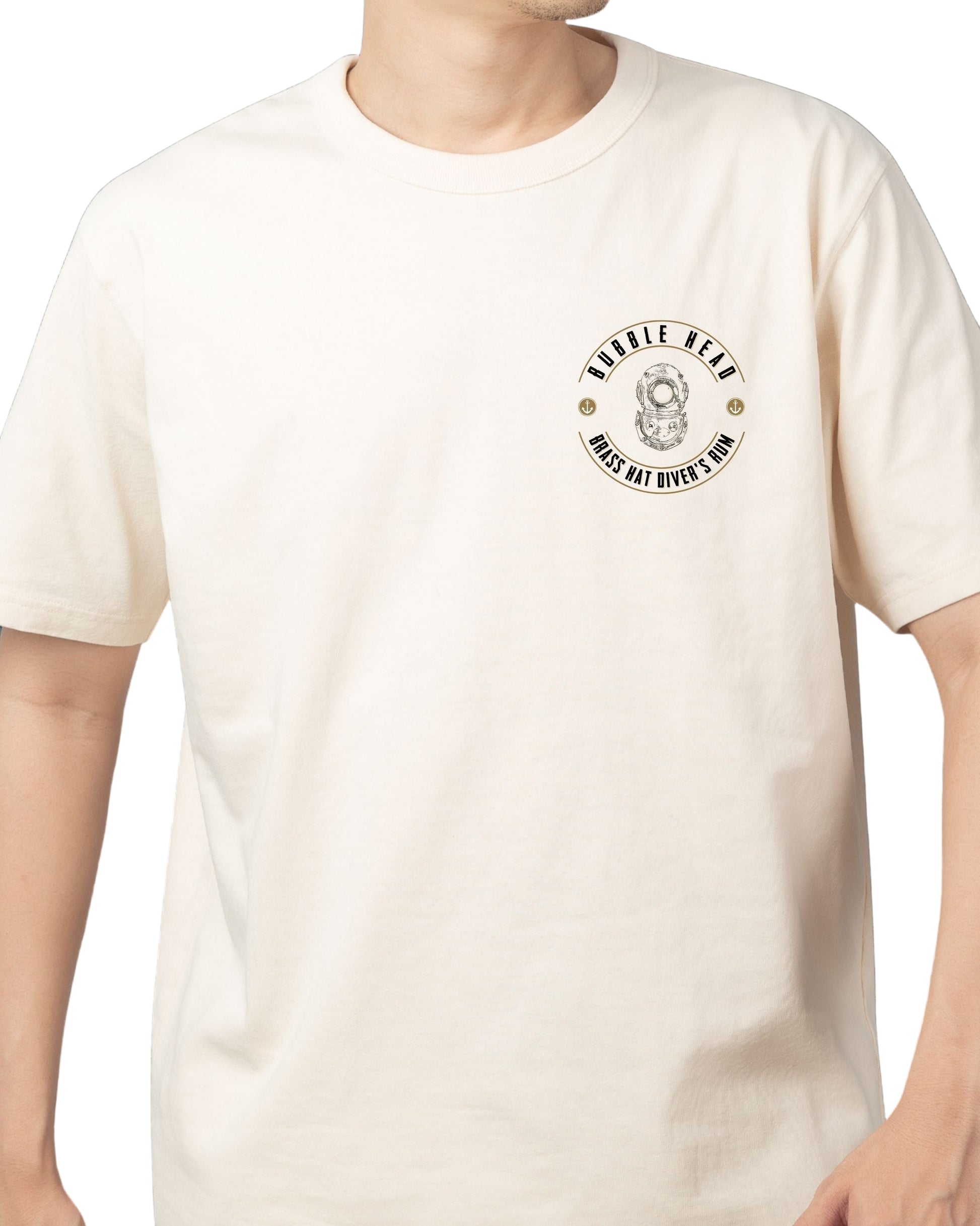 Brass Hat Rum sand coloured ‘Bubble Head’ t-shirt.  Half Siebe Gorman diver helmet design & Bubble Head branding on the back – divers’ gifts and ocean-inspired apparel. White background.