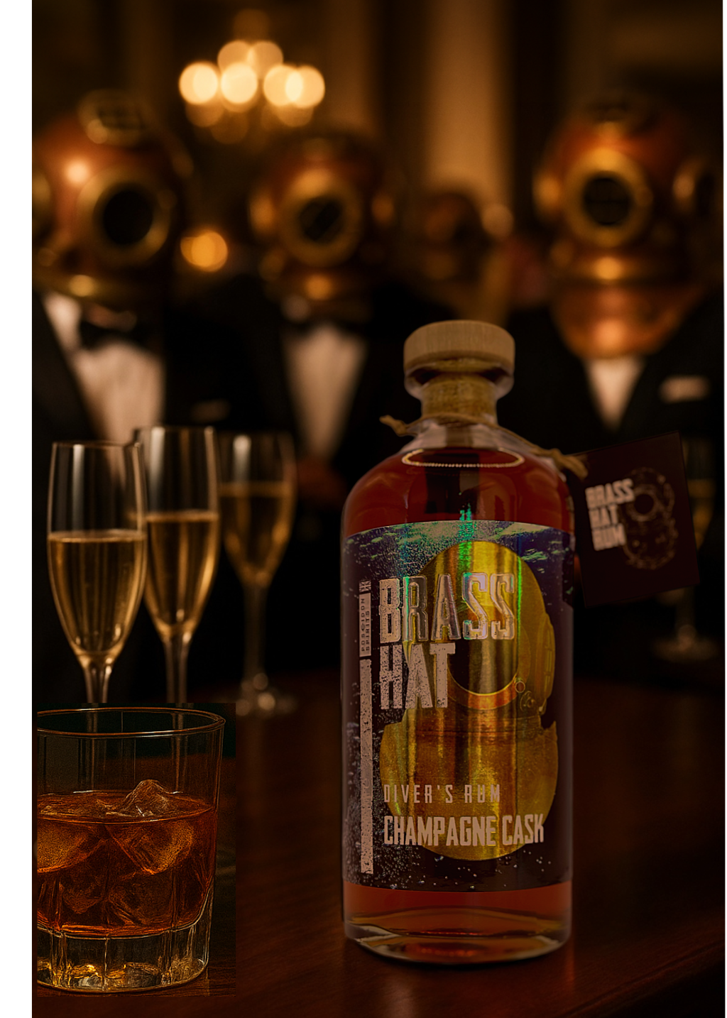 Luxury Brass Hat Champagne Cask Rum displayed at a Diver's dinner party, an elegant ocean-inspired rum gift for special occasions.