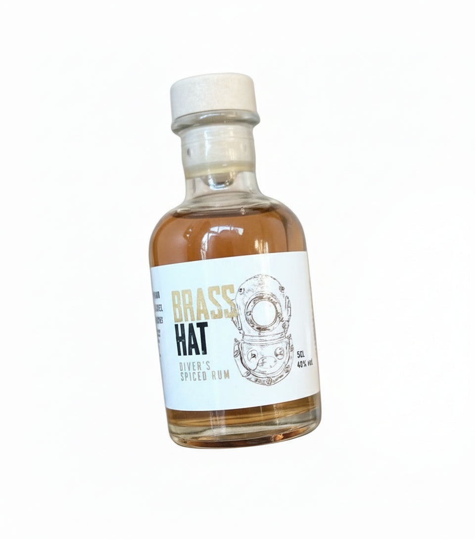 Miniature 5cl tot bottle of Brass Hat Diver’s Rum, perfect for gifting, tasting, or event favours. White background