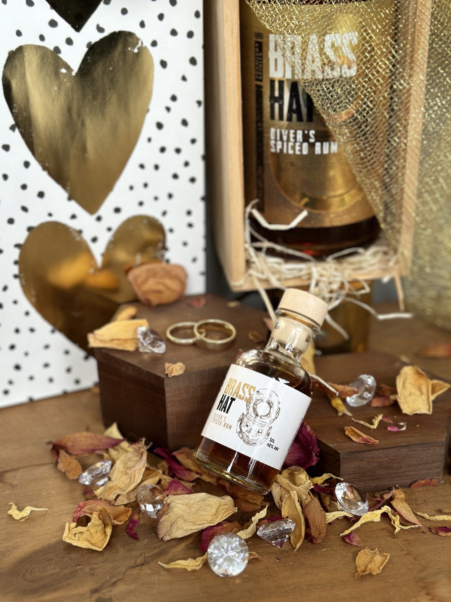 Miniature bottle of Brass Hat Diver’s Rum at wedding, perfect as a unique wedding favour or gift for guests
