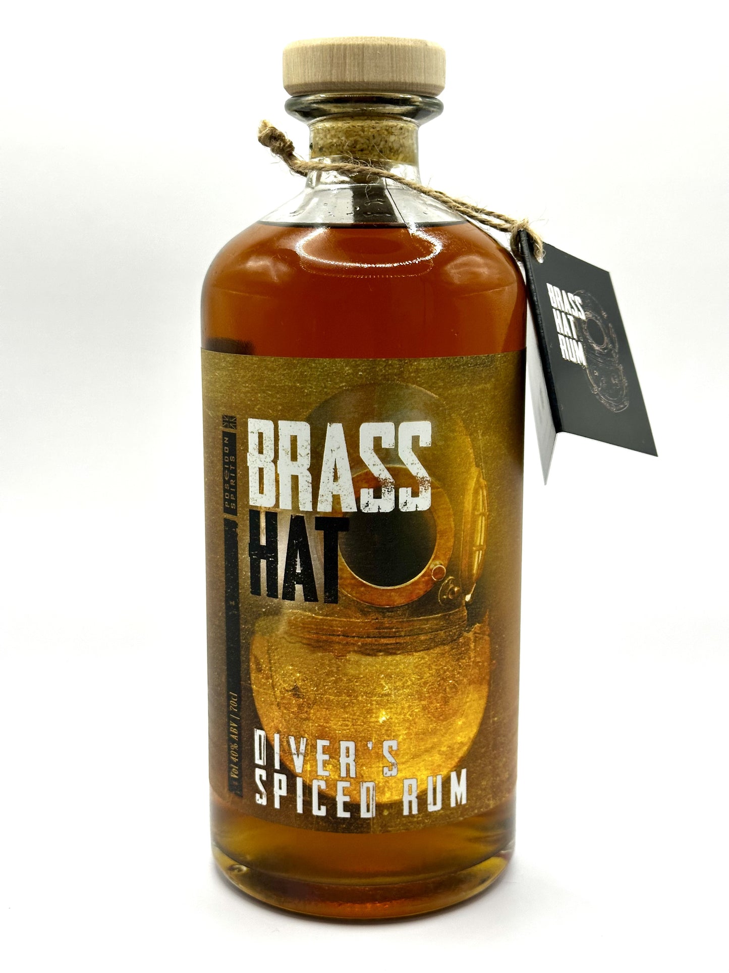 Showcase image of Brass Hat Diver’s Spiced Rum – Gold embellished Diving Helmet label on a bottle of golden coloured rum. Complete with collection swing tag.