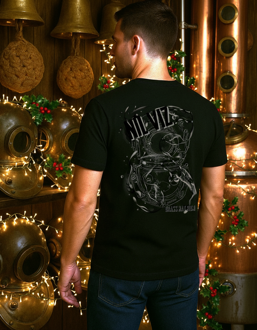 Back view of person wearing Black Nil Viz  T-shirt in a room filled with old diving equipment, Christmas decorations and a rum still. Large diving helmet design with Nil Viz branding . - divers’ Christmas gifts and ocean-inspired apparel
