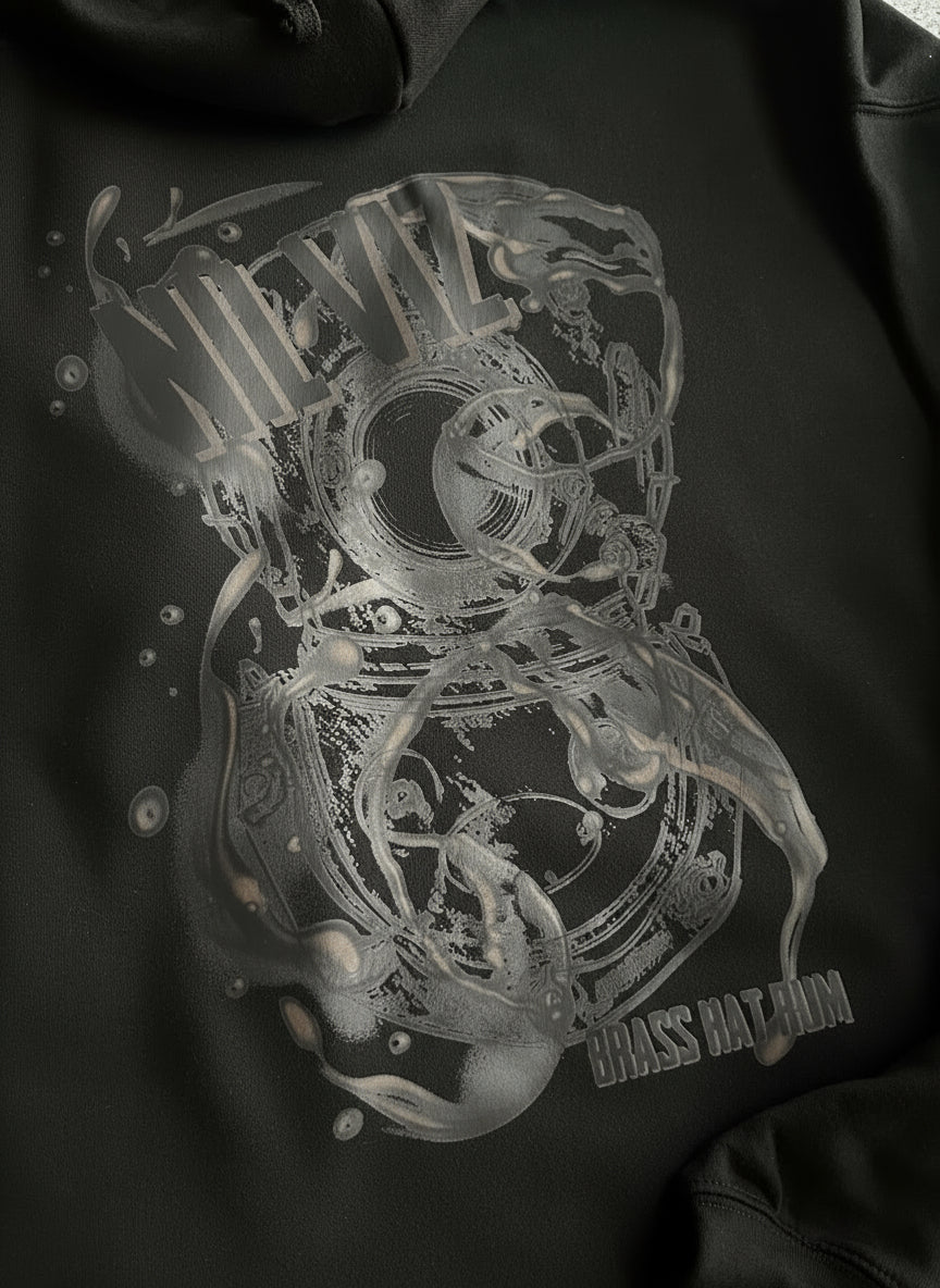 Back view of Nil Viz black hoodie with ‘Nil Viz’ text & diving helmet logo – divers’ gifts and ocean-inspired apparel