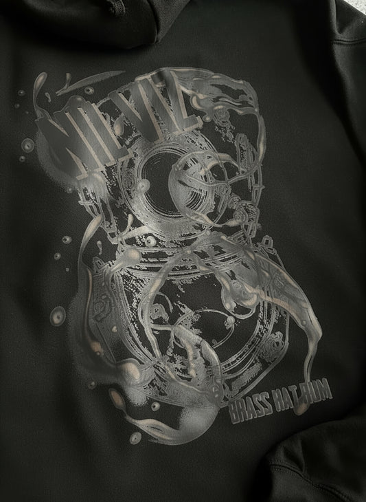 Back view of Nil Viz black hoodie with ‘Nil Viz’ text & diving helmet logo – divers’ gifts and ocean-inspired apparel