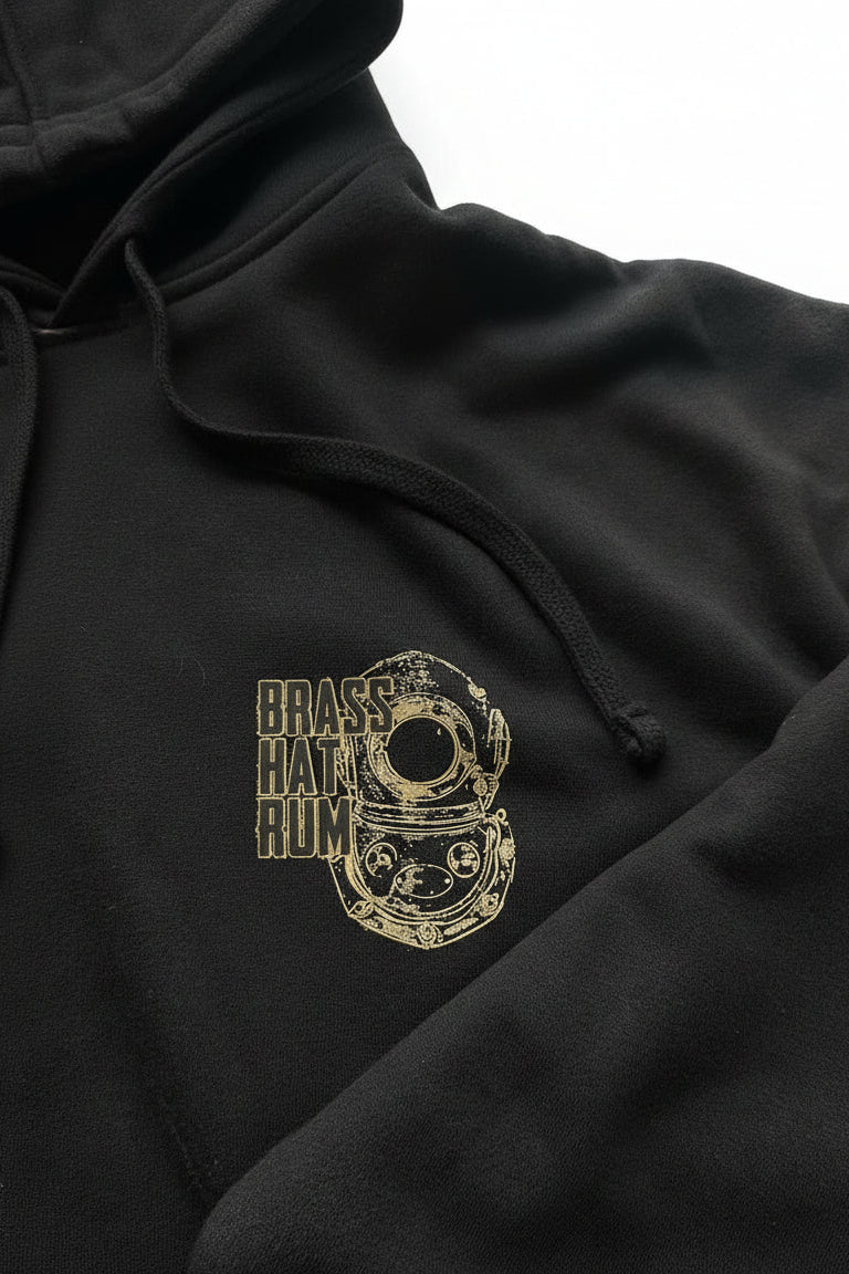 Front view of Nil Viz black hoodie with ‘Brass Hat Rum’ diving helmet logo – divers’ gifts and ocean-inspired apparel. white background