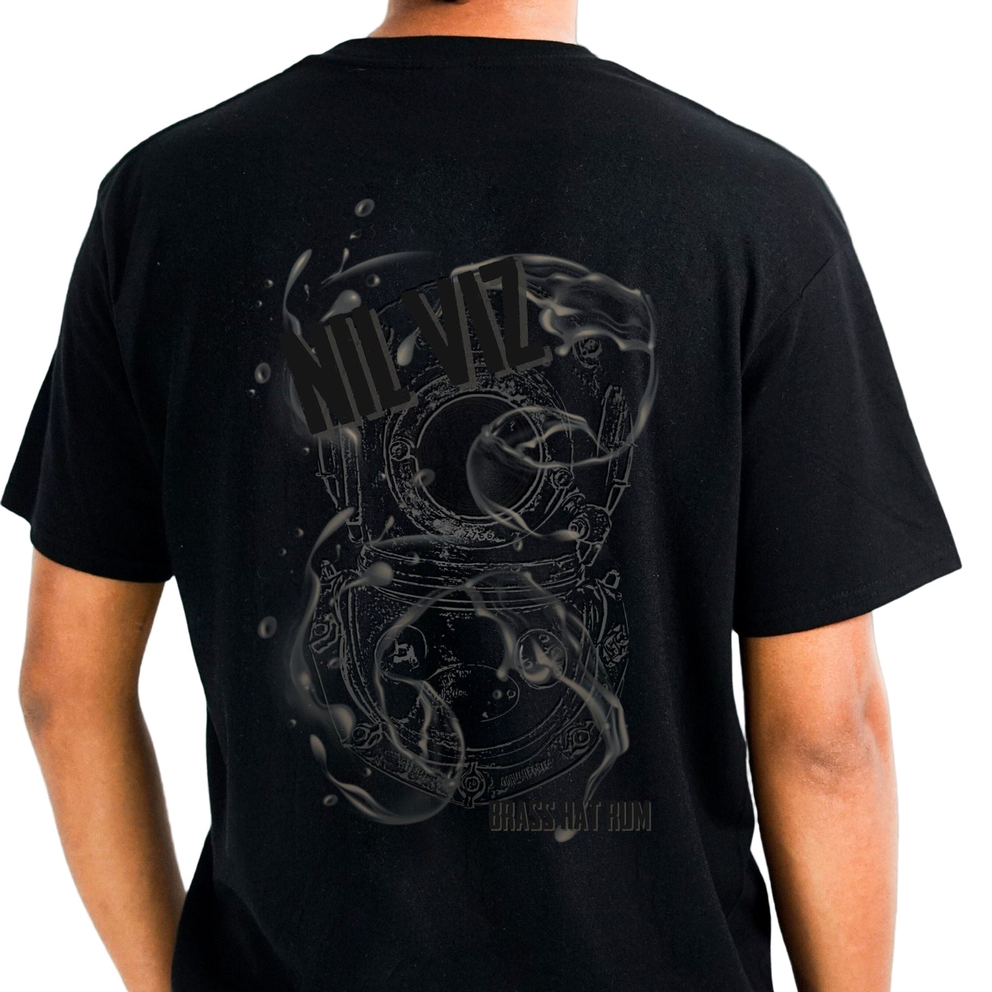 Back view Brass Hat Nil Viz black t-shirt with deep sea diving helmet outline and Brass Hat Rum logo – divers’ gifts and ocean-inspired apparel. White Background