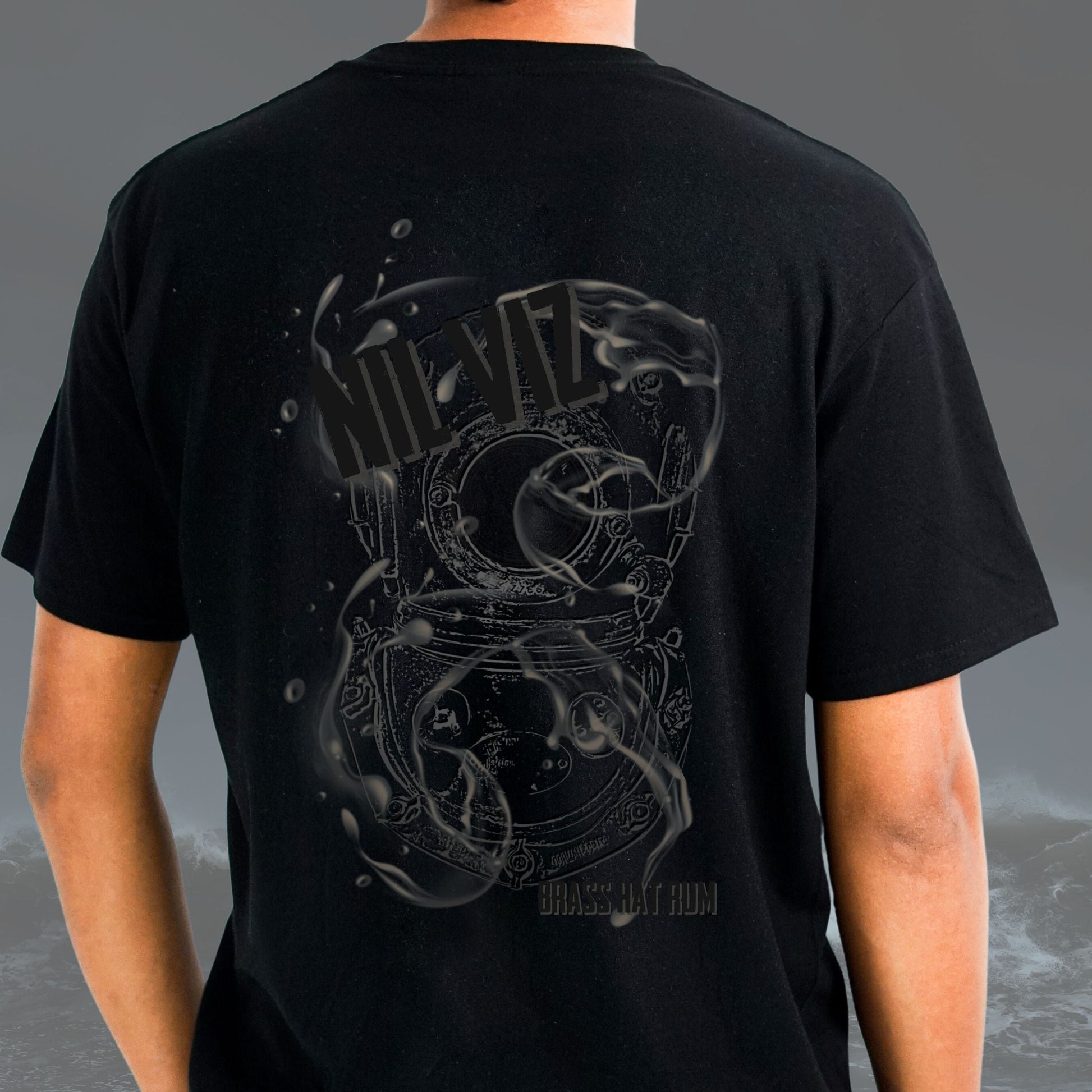 Back view of person wearing Brass Hat Nil Viz black t-shirt with deep sea diving helmet outline and Brass Hat Rum logo – divers’ gifts and ocean-inspired apparel