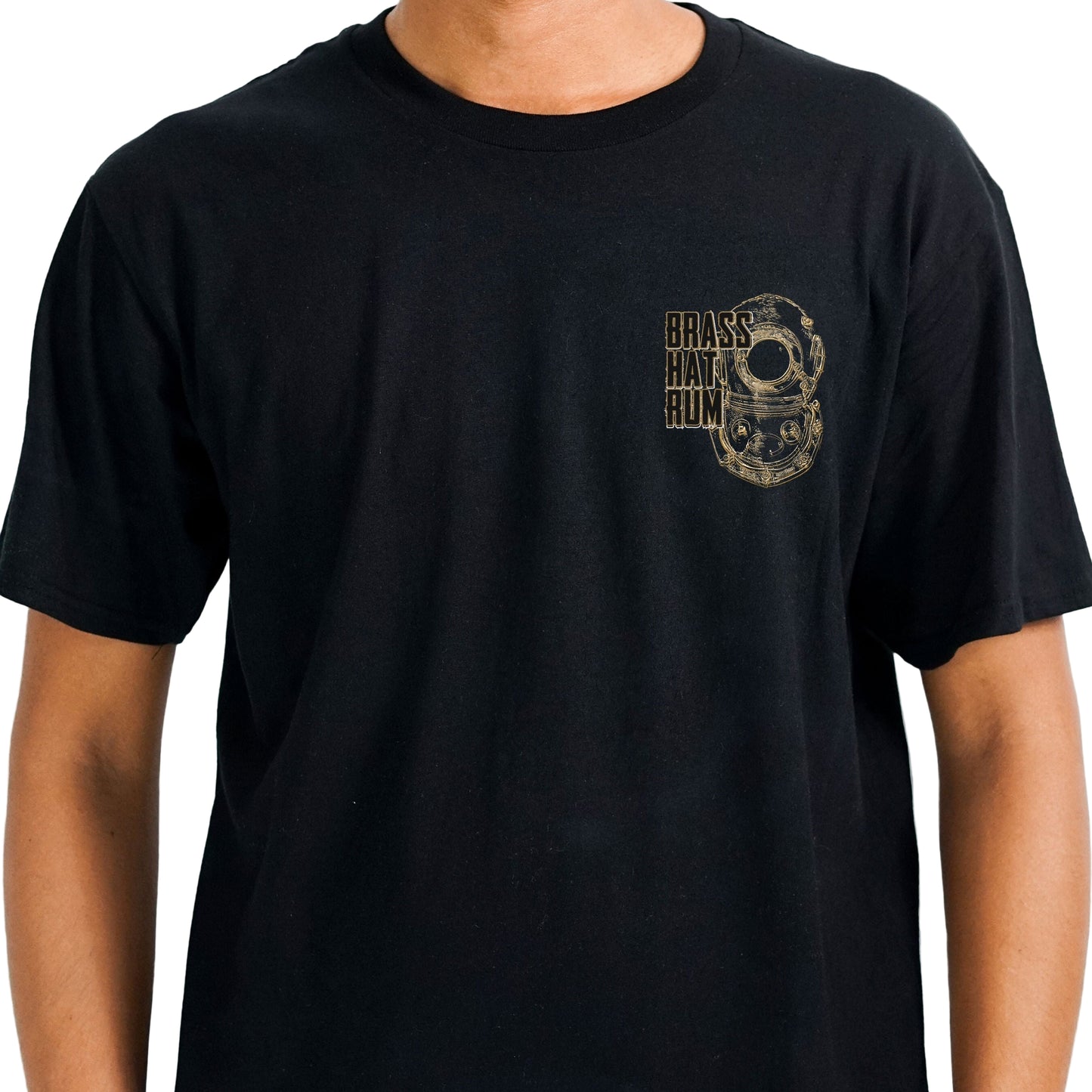 Front view Brass Hat Rum black round-neck t-shirt. Deep sea diving helmet logo on left chest – divers’ gifts and ocean-inspired apparel. White Background