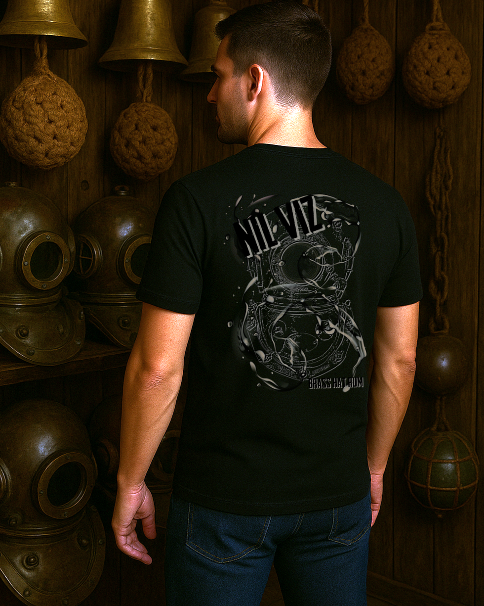 Back view of person wearing Black Nil Viz  T-shirt in a room filled with old diving equipment. Large diving helmet design with Nil Viz branding . - divers’ gifts and ocean-inspired apparel