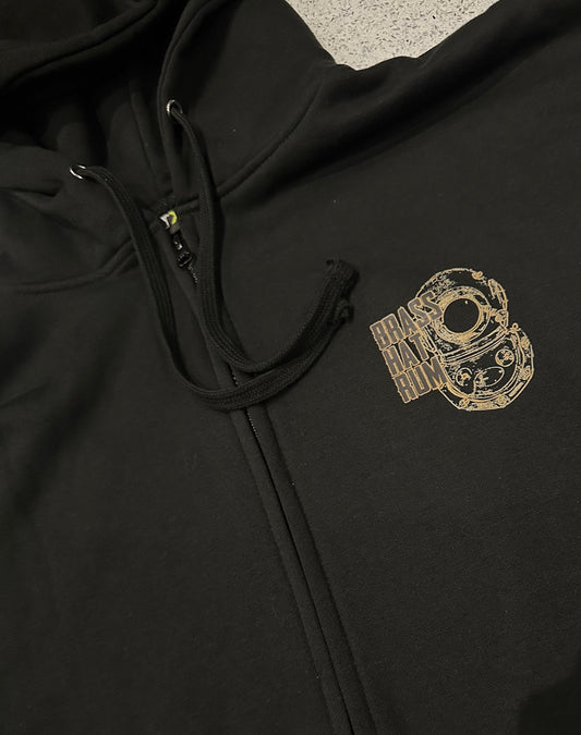 Front view of Nil Viz black Full Zip hoodie with ‘Brass Hat Rum’ diving helmet logo – divers’ gifts and ocean-inspired apparel