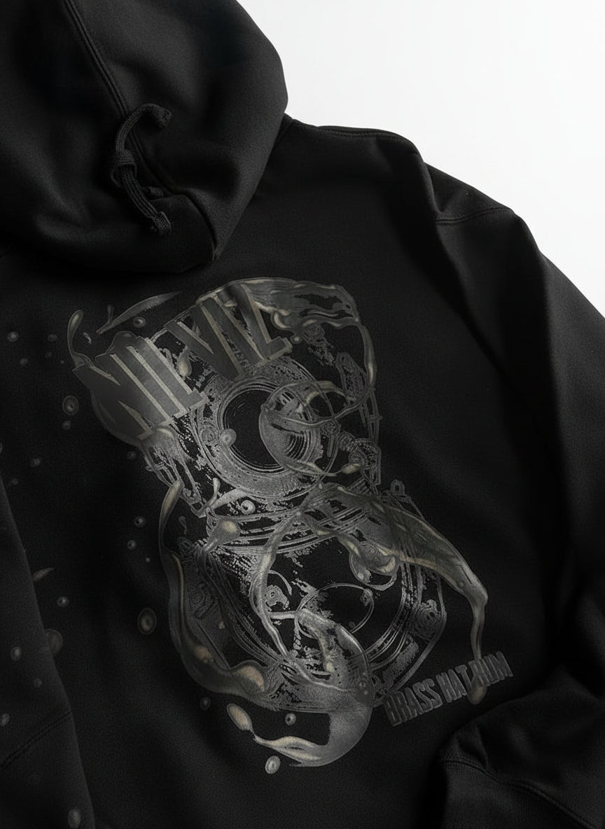 Back view of Nil Viz black hoodie with ‘Nil Viz’ text & diving helmet logo – divers’ gifts and ocean-inspired apparel.white background