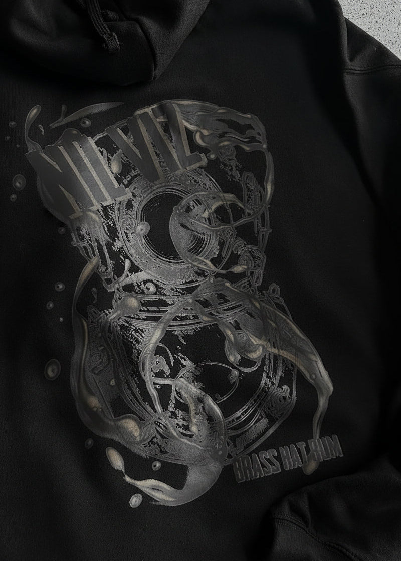 Back view of Nil Viz black hoodie with ‘Nil Viz’ text & diving helmet logo – divers’ gifts and ocean-inspired apparel