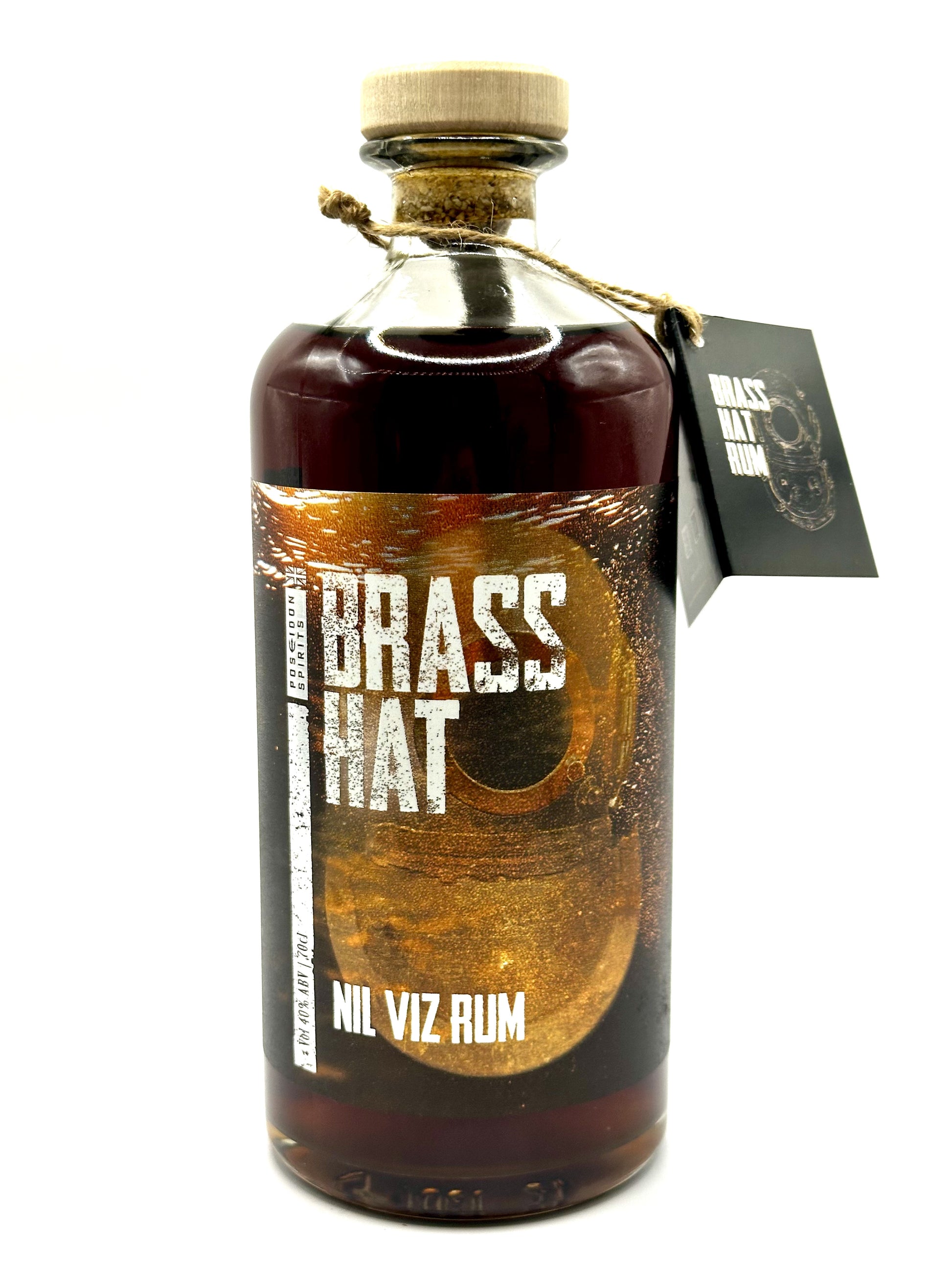 Showcase image of Brass Hat Diver’s Nil Viz Rum – Embellished Diving Helmet label on a bottle of Dark rum. Complete with collection swing tag.