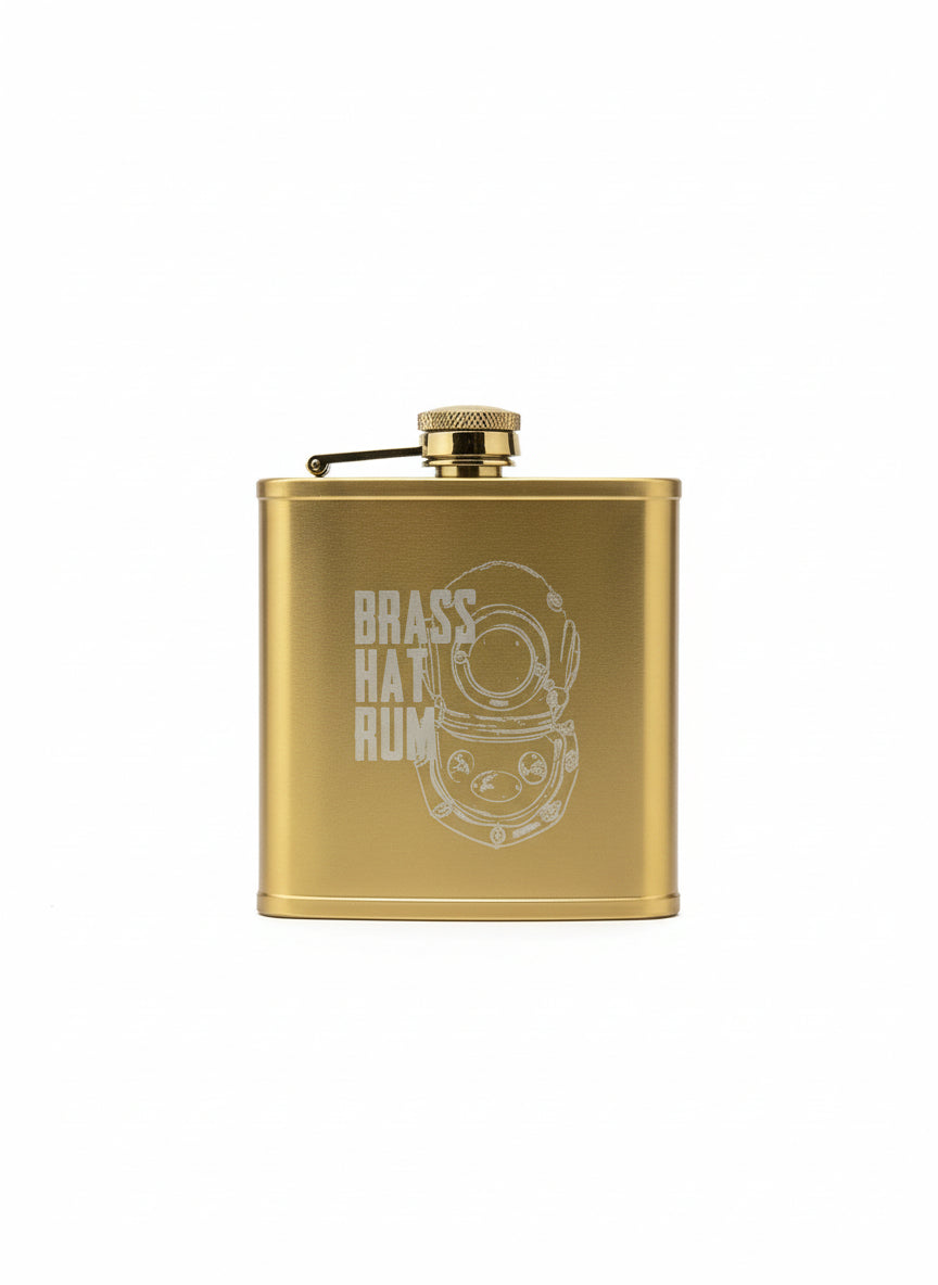 Brass Hat stainless steel 6oz hip flask engraved with diver logo, product image with white background