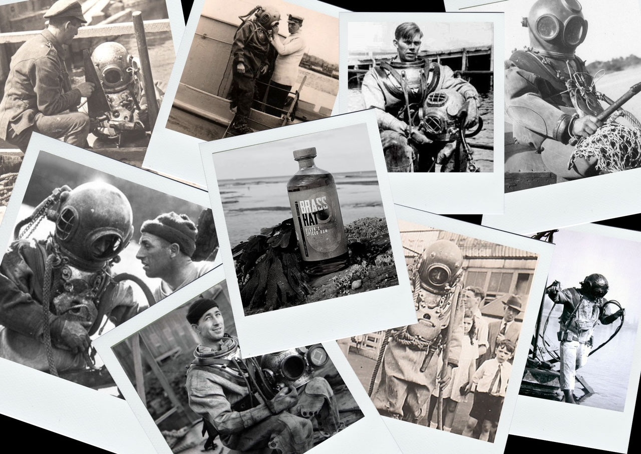 Black and white collage of vintage divers with Brass Hat Rum bottles – ocean-inspired rum, divers’ gifts, and sustainable apparel