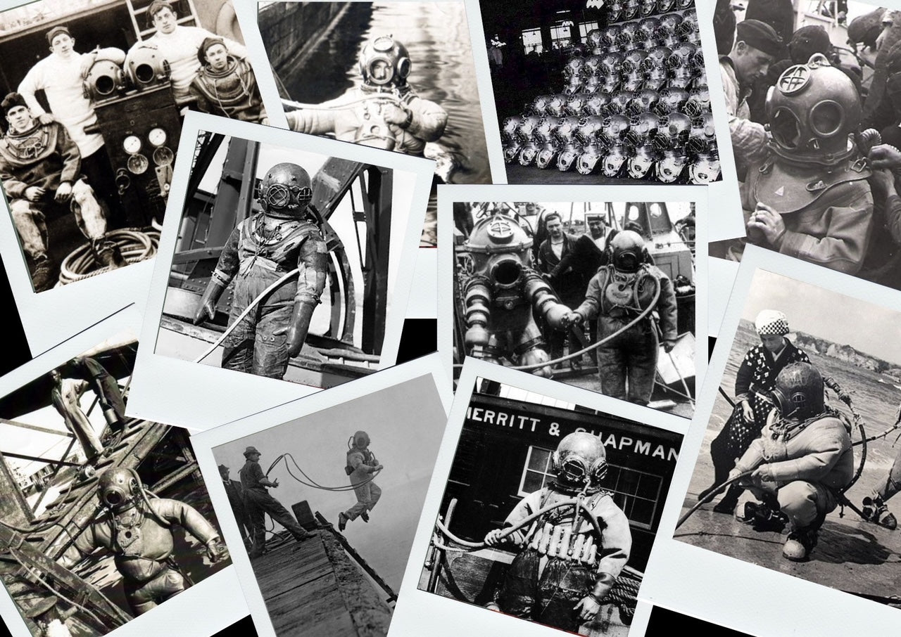 Collage of vintage Brass Hat divers in black and white – bold ocean-inspired rum and gifts for divers, ocean enthusiasts, and collectors of ocean-themed apparel