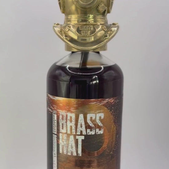 Showcase video of Brass Hat Diver's Helmet Bottle Topper rotating on a bottle of Brass Hat Nil Viz Rum. Perfect Diver's Gift