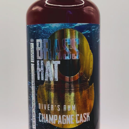 Rotating bottle video of Brass Hat Diver’s Rum – Champagne Cask, highlighting premium packaging and gifting appeal