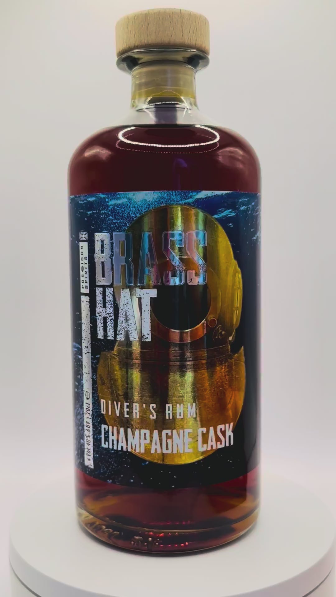 Rotating bottle video of Brass Hat Diver’s Rum – Champagne Cask, highlighting premium packaging and gifting appeal