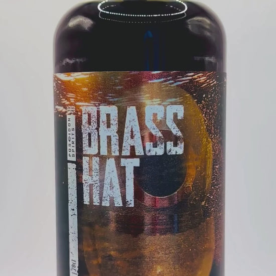 Rotating view of Brass Hat Nil Viz Rum bottle, highlighting handcrafted design and ideal gifting presentation